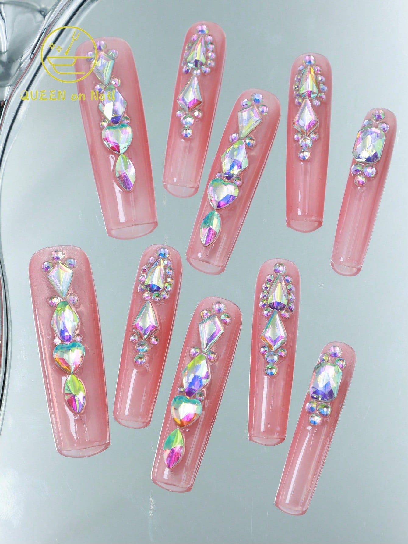 10 Pcs Handmade Press on Nail pink Fake Nails