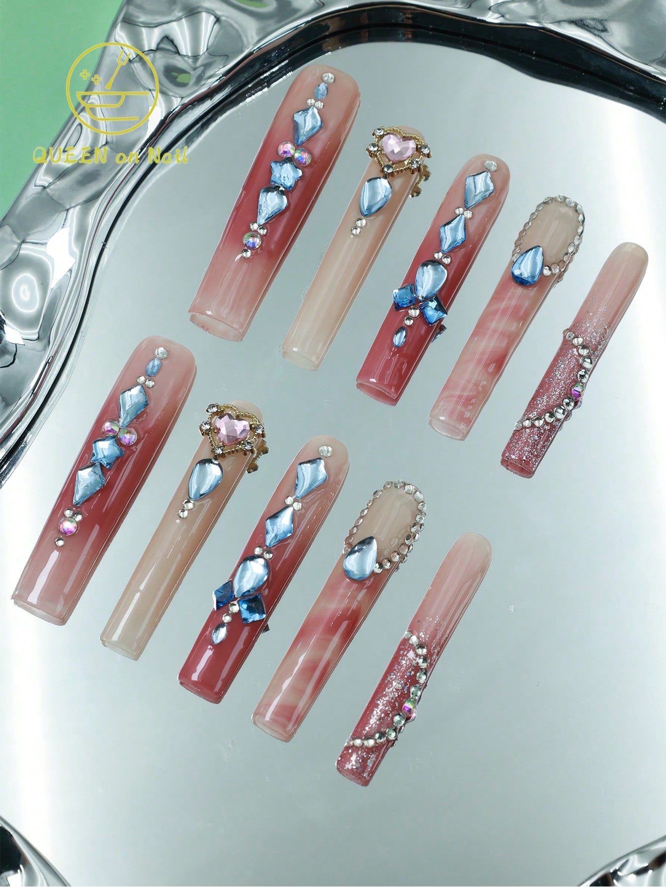 10 Pcs Handmade Press on Nail Pink rhinestones Fake Nails