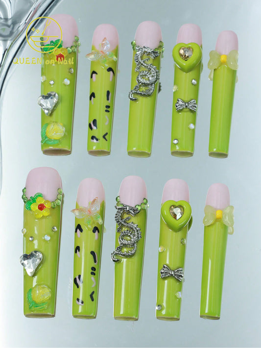 10 Pcs Handmade Press on Nail avocado green Fake Nails