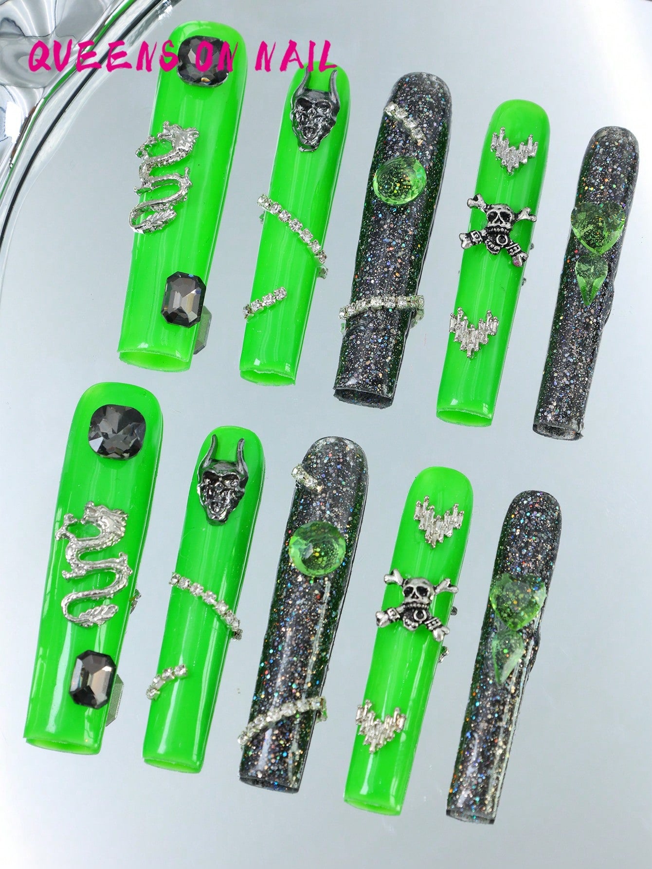 10 Pcs Handmade Press on Nail Green Y2K Fake Nails