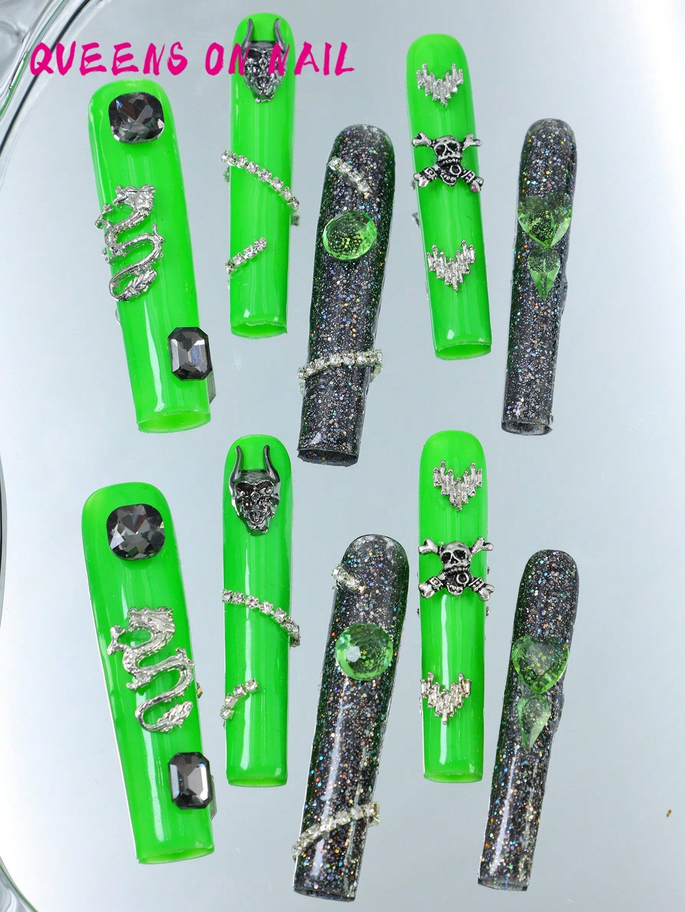 10 Pcs Handmade Press on Nail Green Y2K Fake Nails