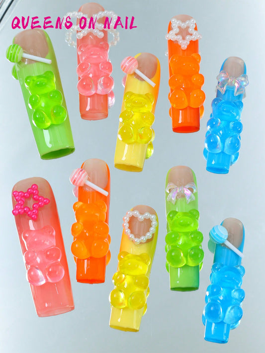 10 Pcs Handmade Press on Nail Colorful bear Fake Nails