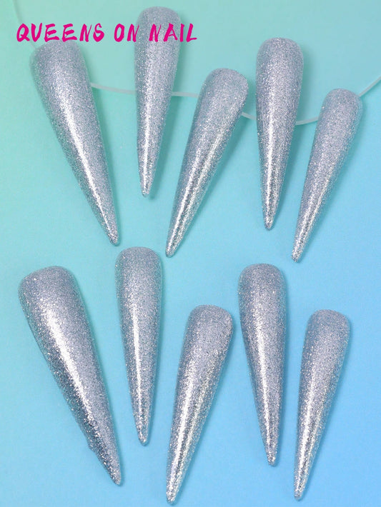 10 Pcs Handmade Press on Nail silver Fake Nail