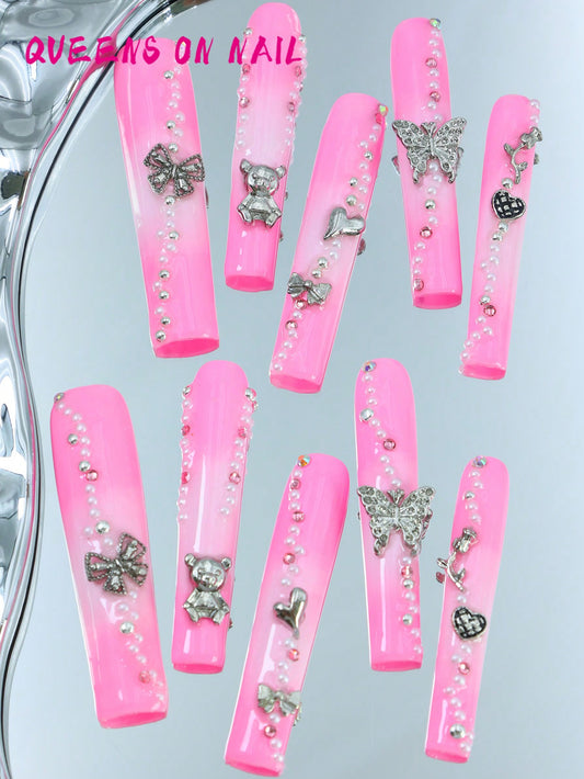 10 Pcs Handmade Press on Nail pink Y2K Fake Nails