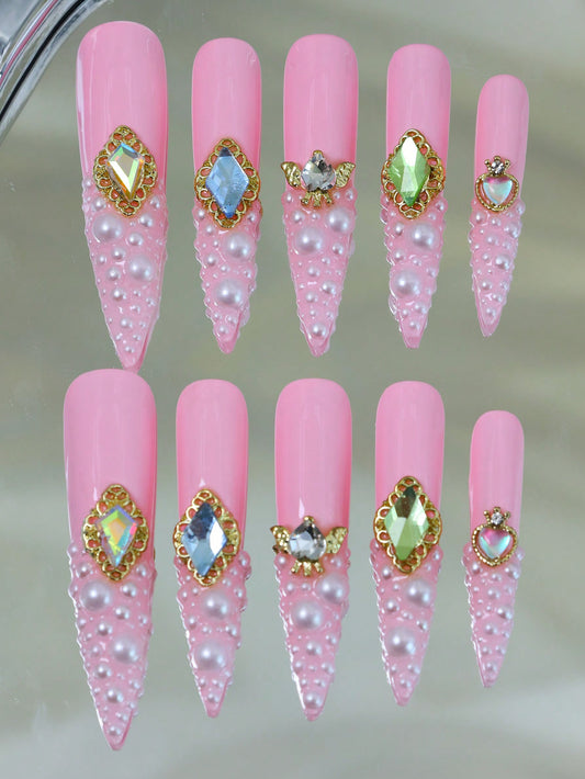 10pcs Handmade Press On Nail Pink Fake Nails