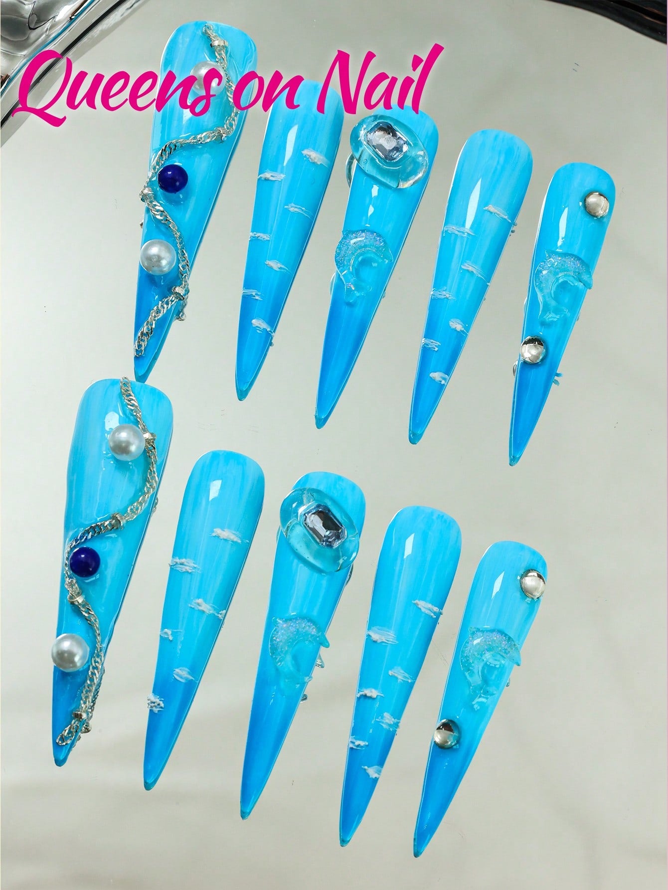 10pcs Blue Handmade Pressed on Fake Nails