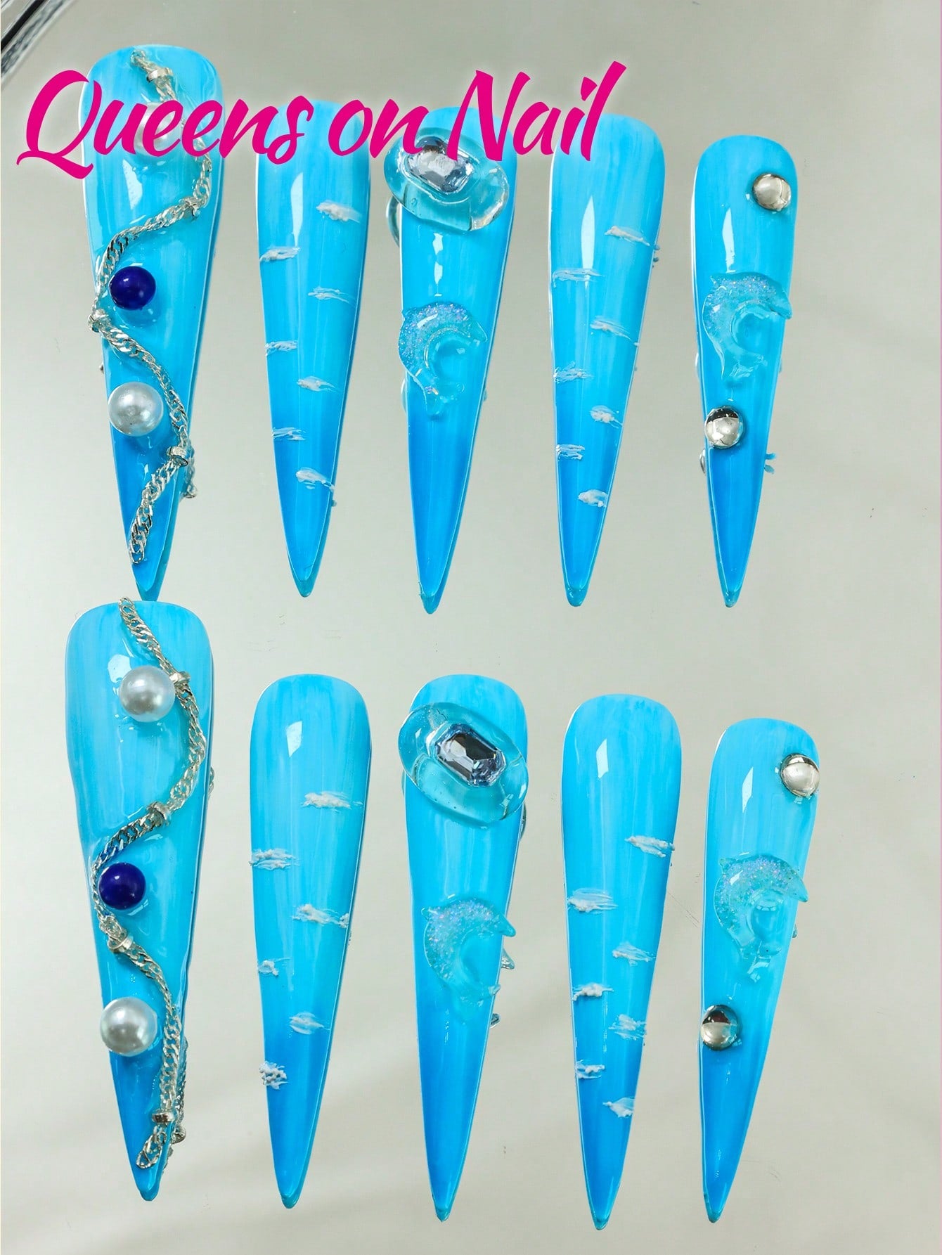 10pcs Blue Handmade Pressed on Fake Nails