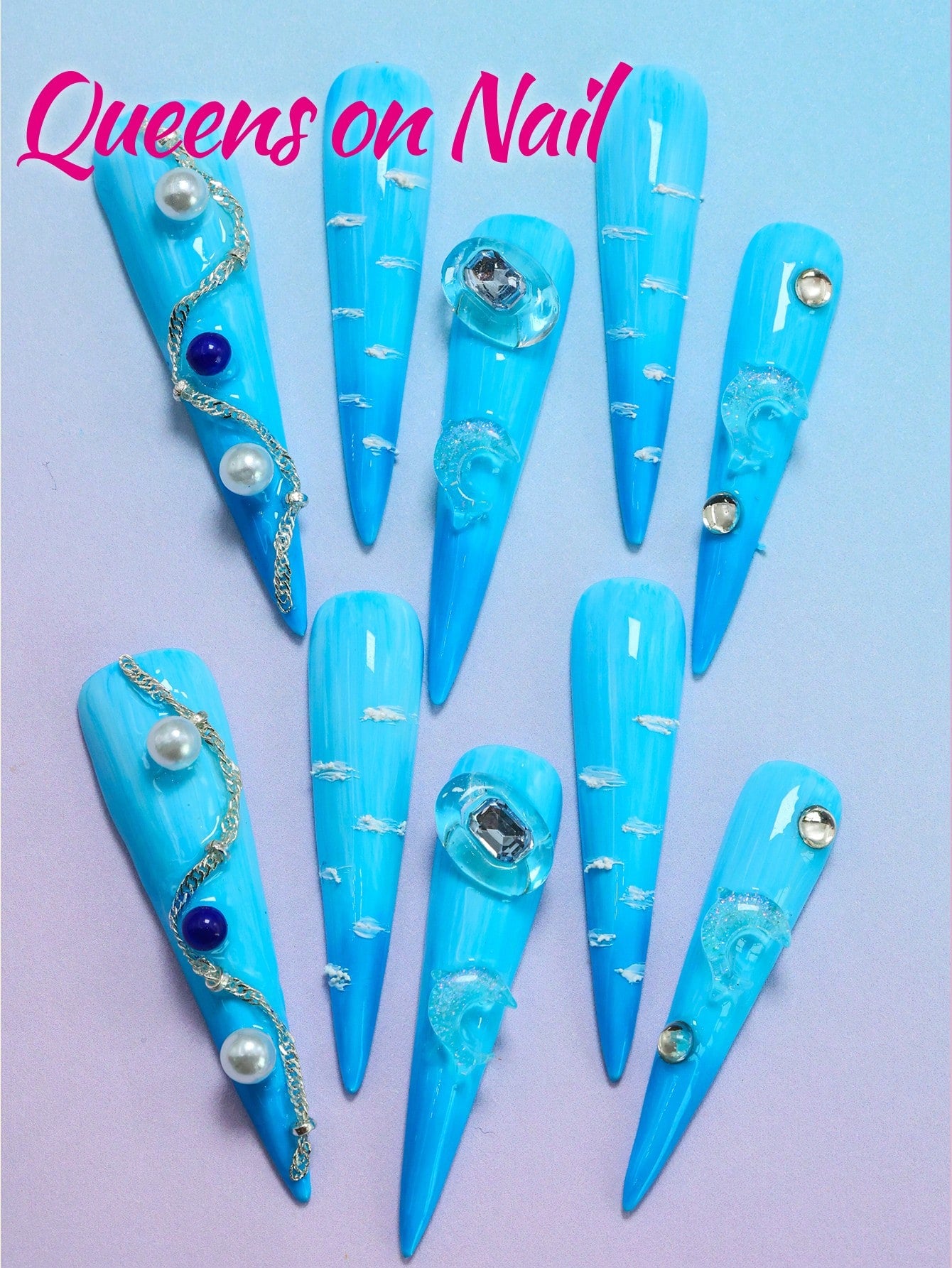 10pcs Blue Handmade Pressed on Fake Nails