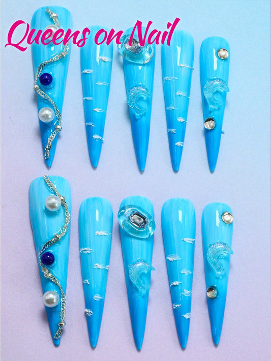 10pcs Blue Handmade Pressed on Fake Nails