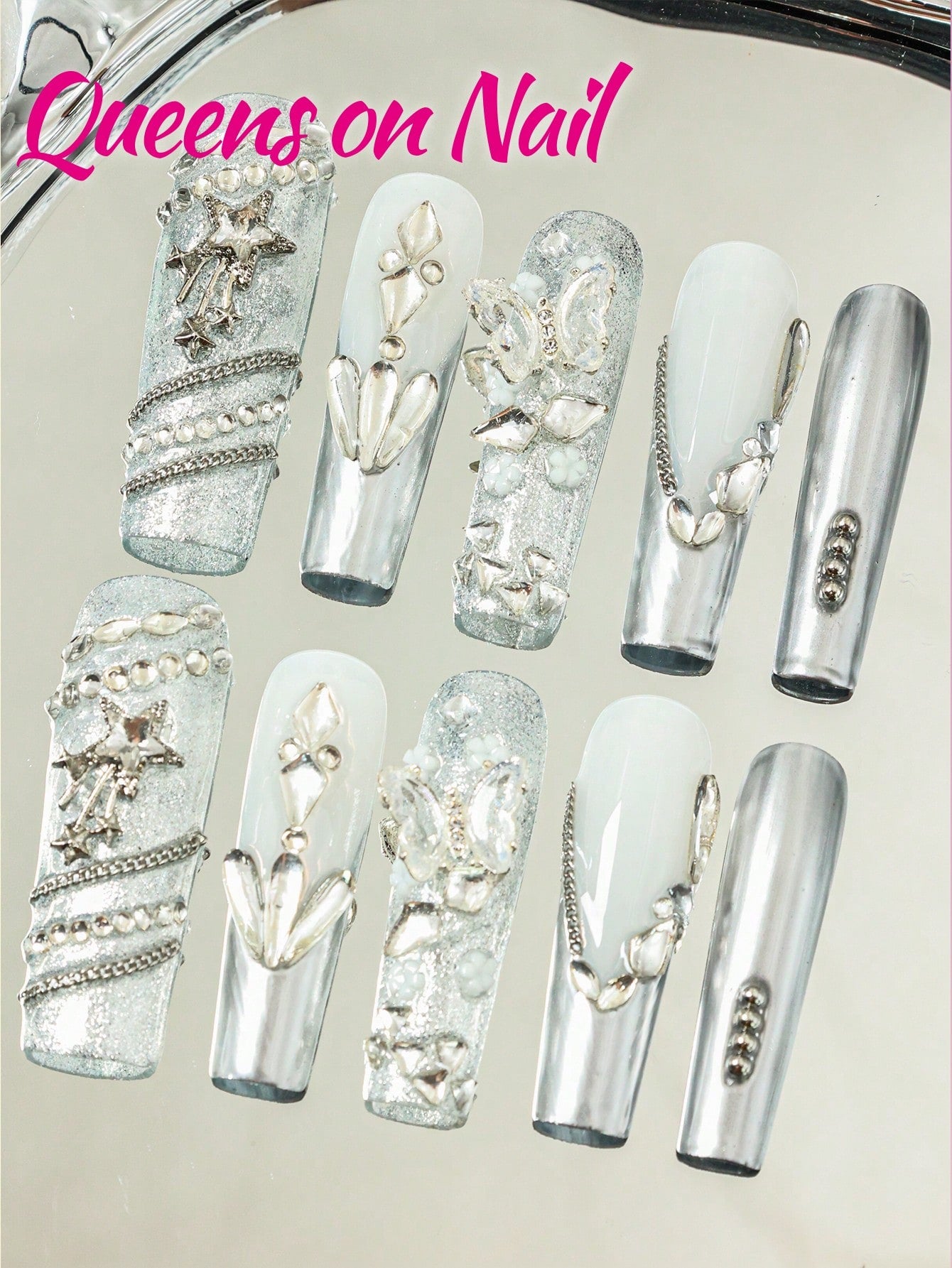 10pcs silver Handmade Pressed on Fake Nails