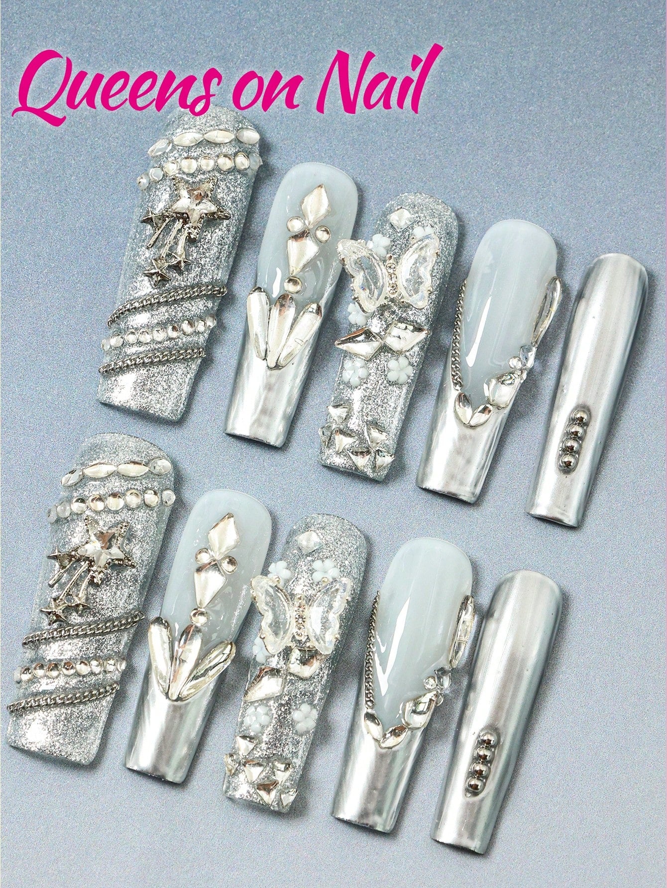 10pcs silver Handmade Pressed on Fake Nails