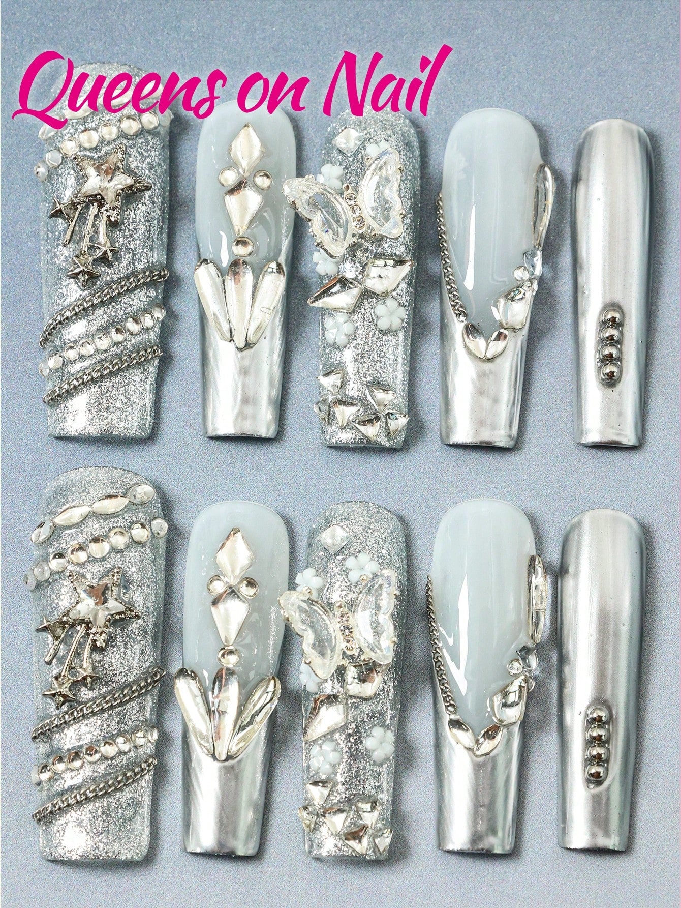 10pcs silver Handmade Pressed on Fake Nails