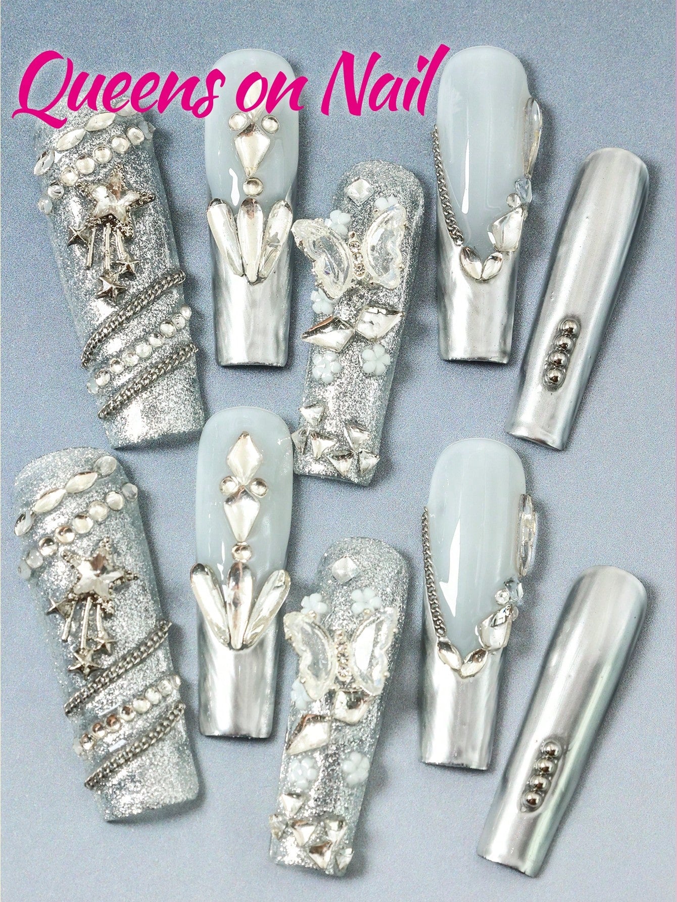 10pcs silver Handmade Pressed on Fake Nails