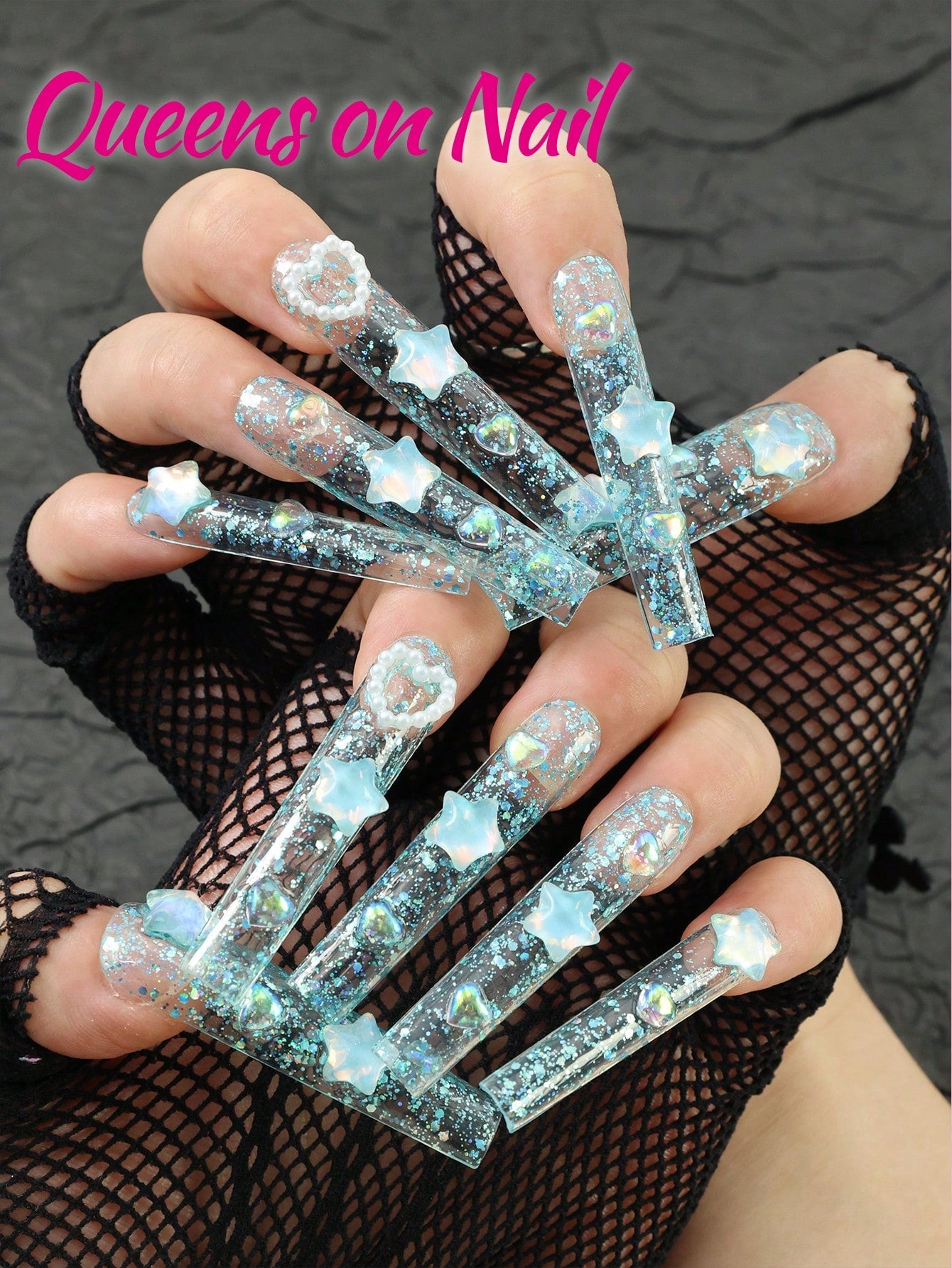 10Pcs Handmade Press on Blue cute Fake Nails