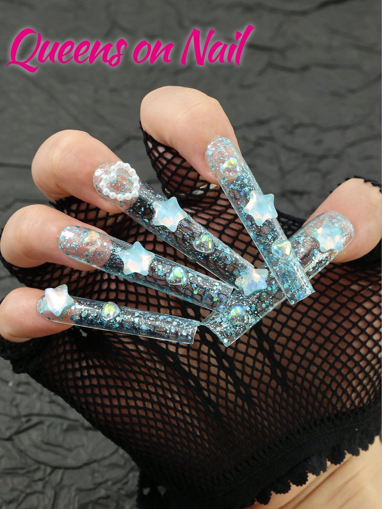 10Pcs Handmade Press on Blue cute Fake Nails