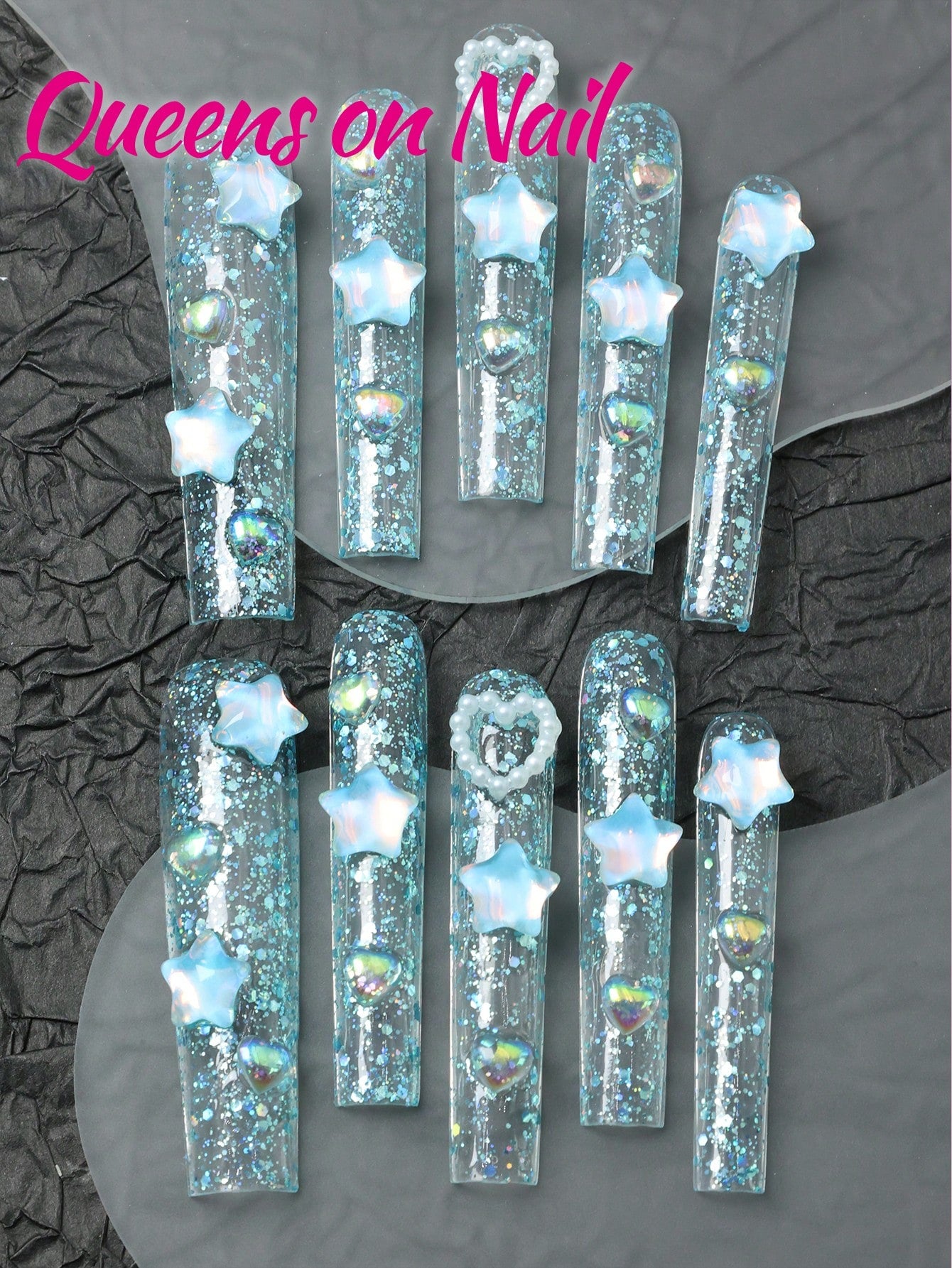 10Pcs Handmade Press on Blue cute Fake Nails