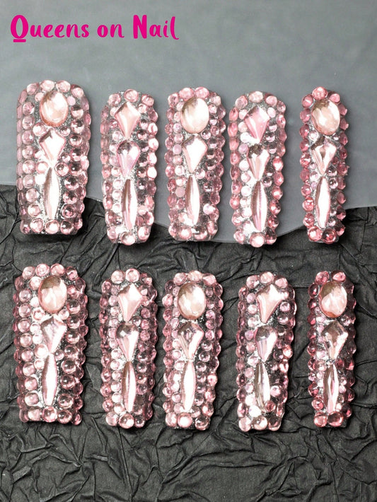 10 Pcs  Handmade Pink Square Rhinestones Fake Nails Press On Nails