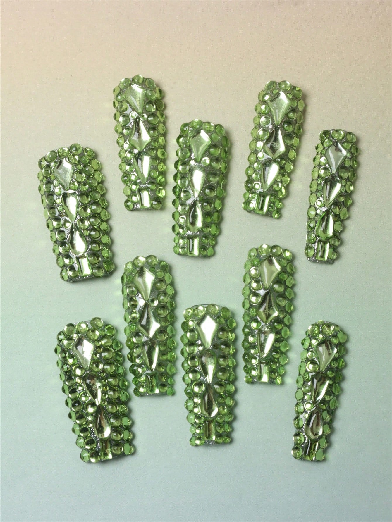 10 Pcs Handmade Press on Nail Green rhinestones Fake Nails