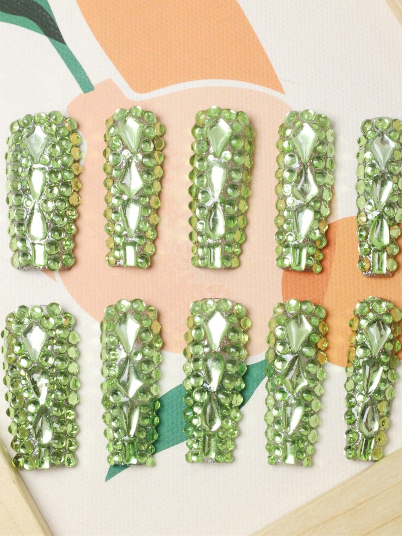 10 Pcs Handmade Press on Nail Green rhinestones Fake Nails