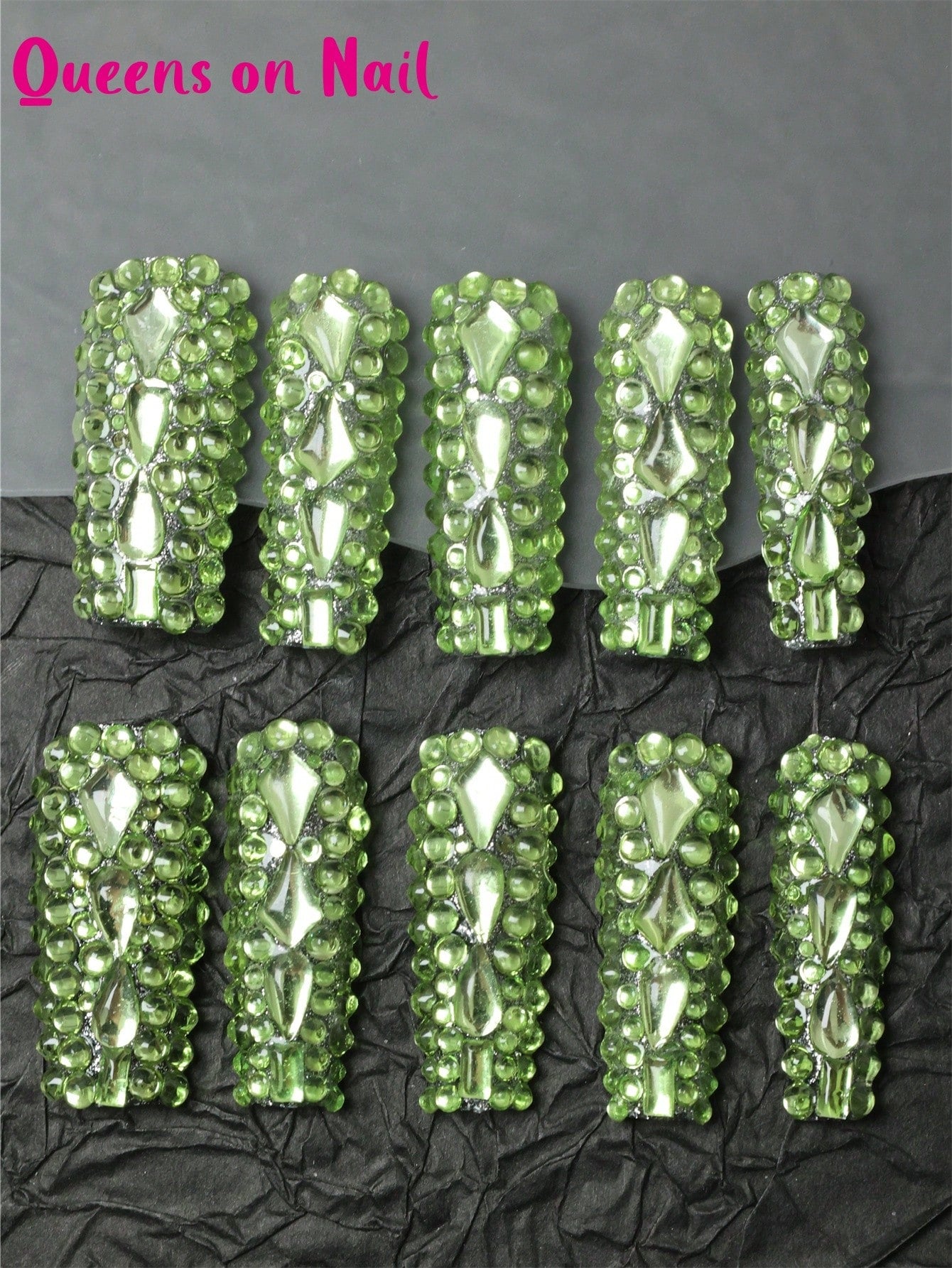 10 Pcs Handmade Press on Nail Green rhinestones Fake Nails