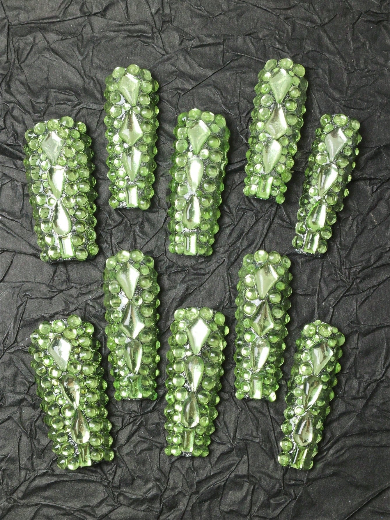 10 Pcs Handmade Press on Nail Green rhinestones Fake Nails