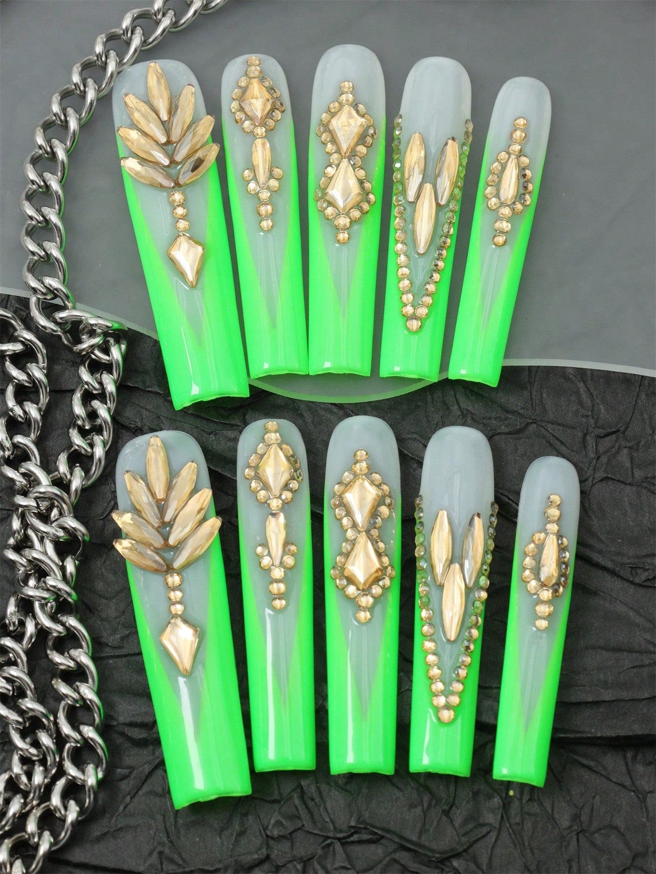 10Pcs Handmade Press on Green Fake Nails