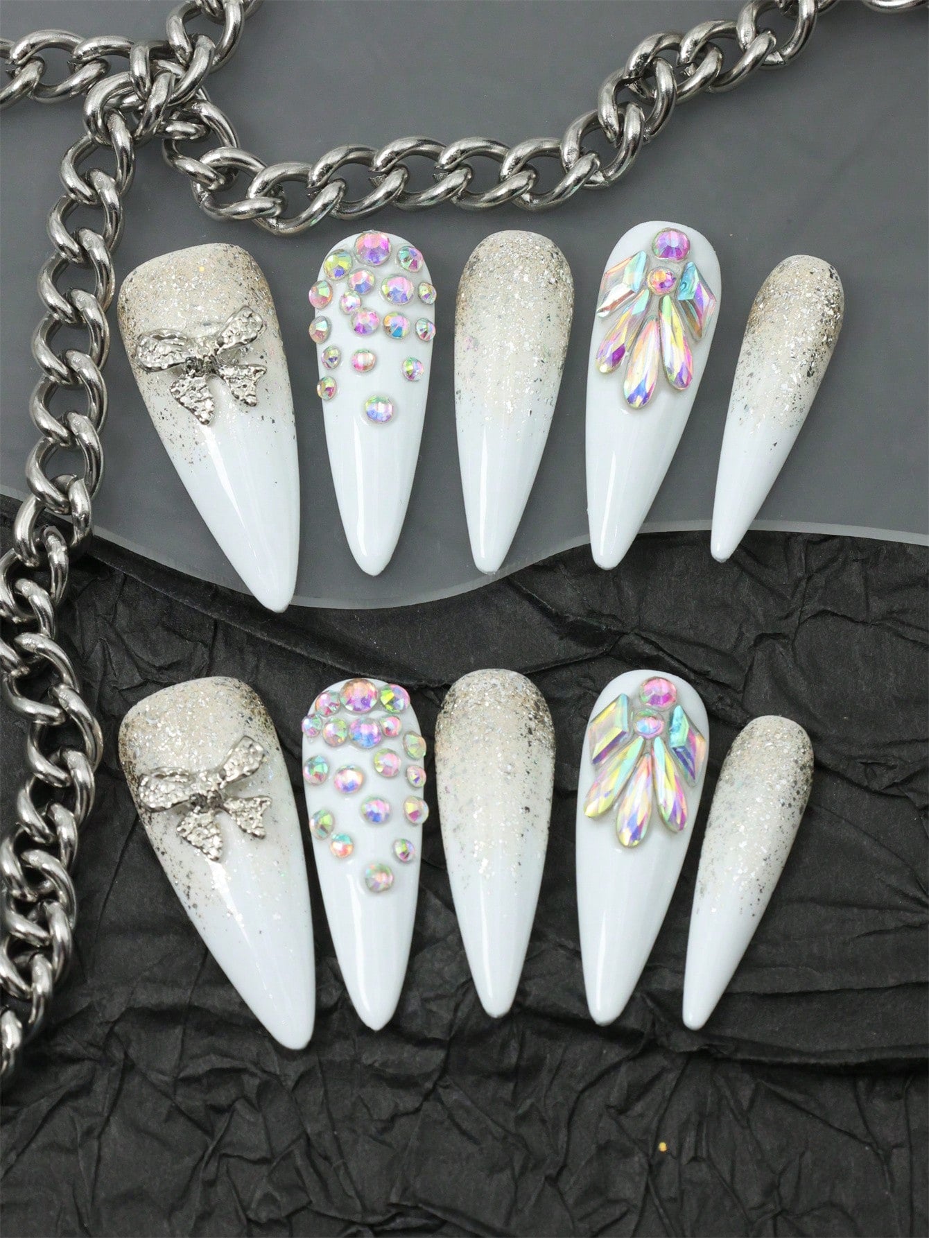 10 Pcs Handmade Press on Nail White almond rhinestones Fake Nails