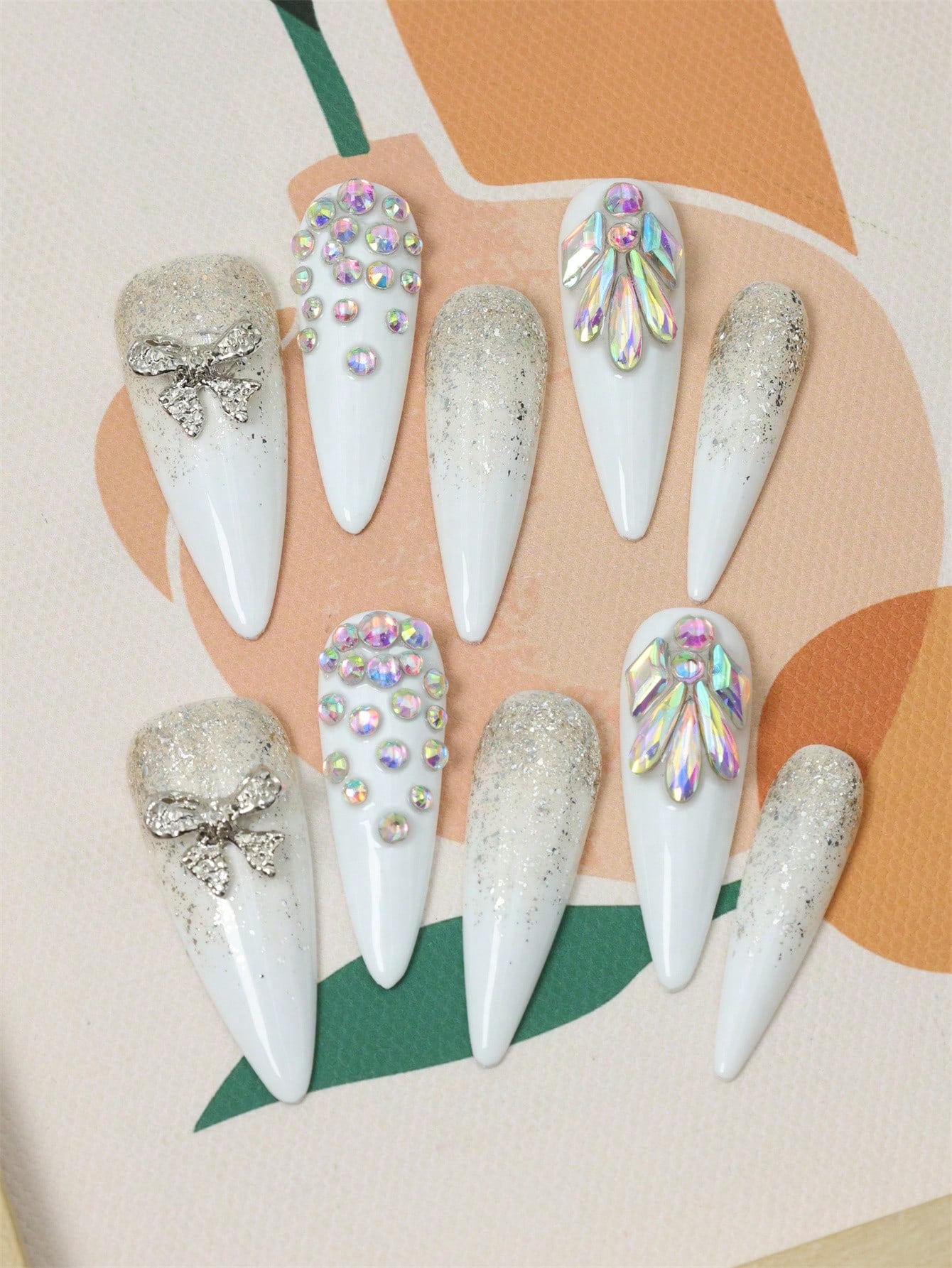 10 Pcs Handmade Press on Nail White almond rhinestones Fake Nails