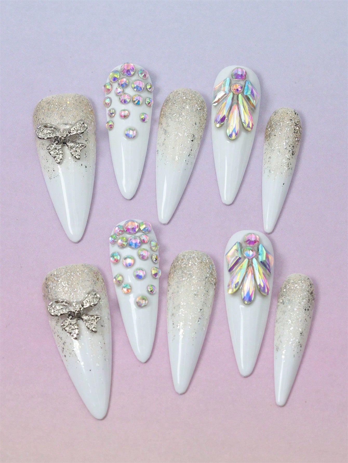 10 Pcs Handmade Press on Nail White almond rhinestones Fake Nails