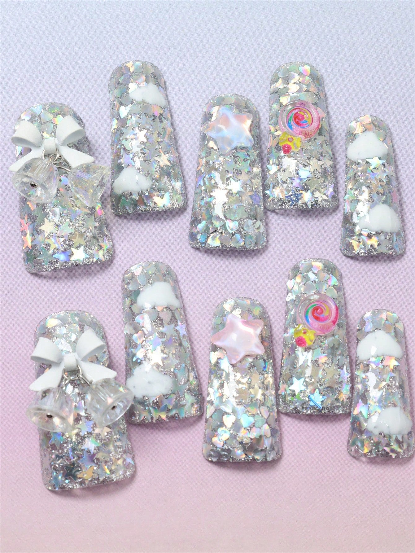 10 Pcs Handmade Press on Nail silver Fake Nails