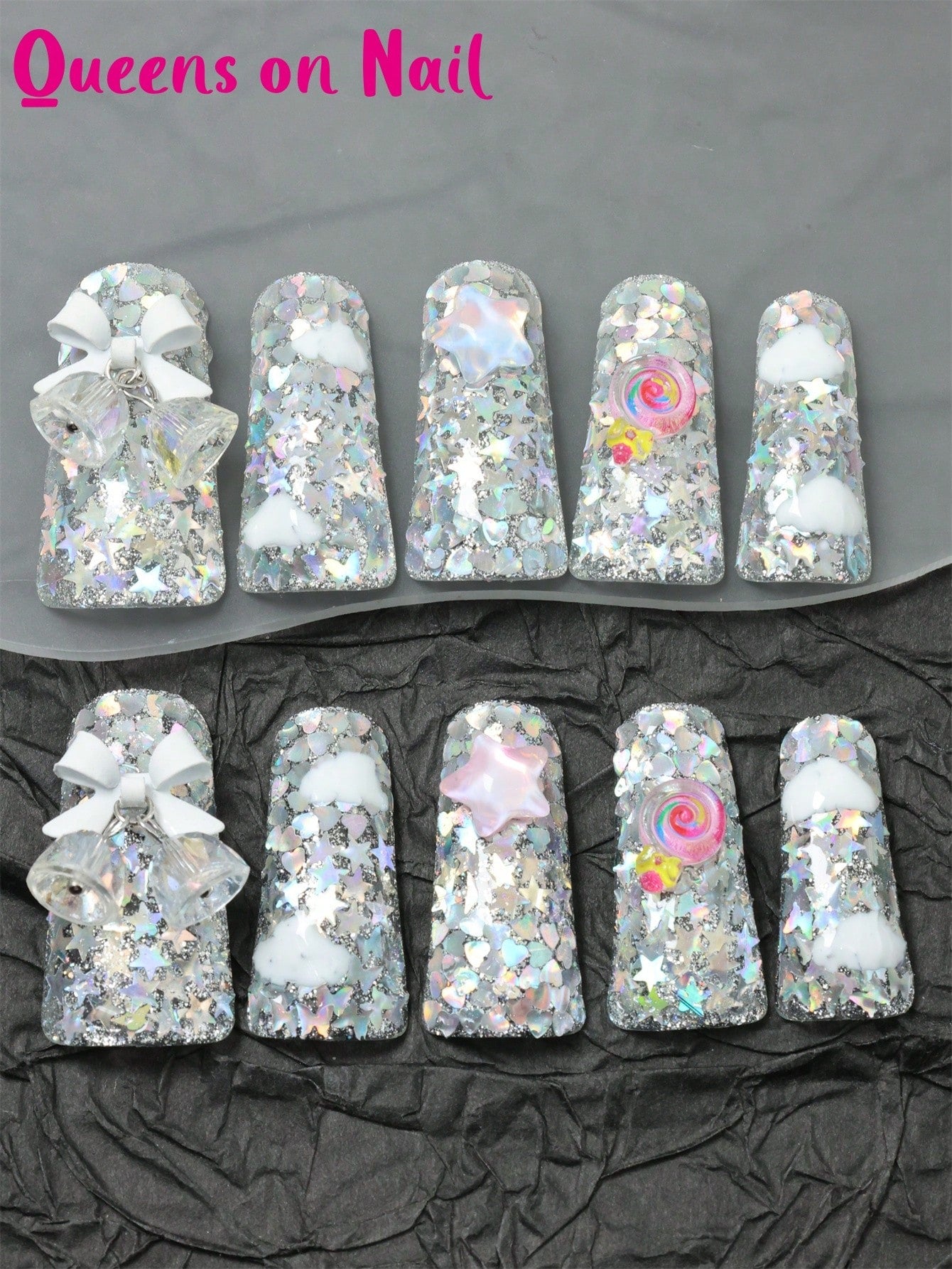 10 Pcs Handmade Press on Nail silver Fake Nails