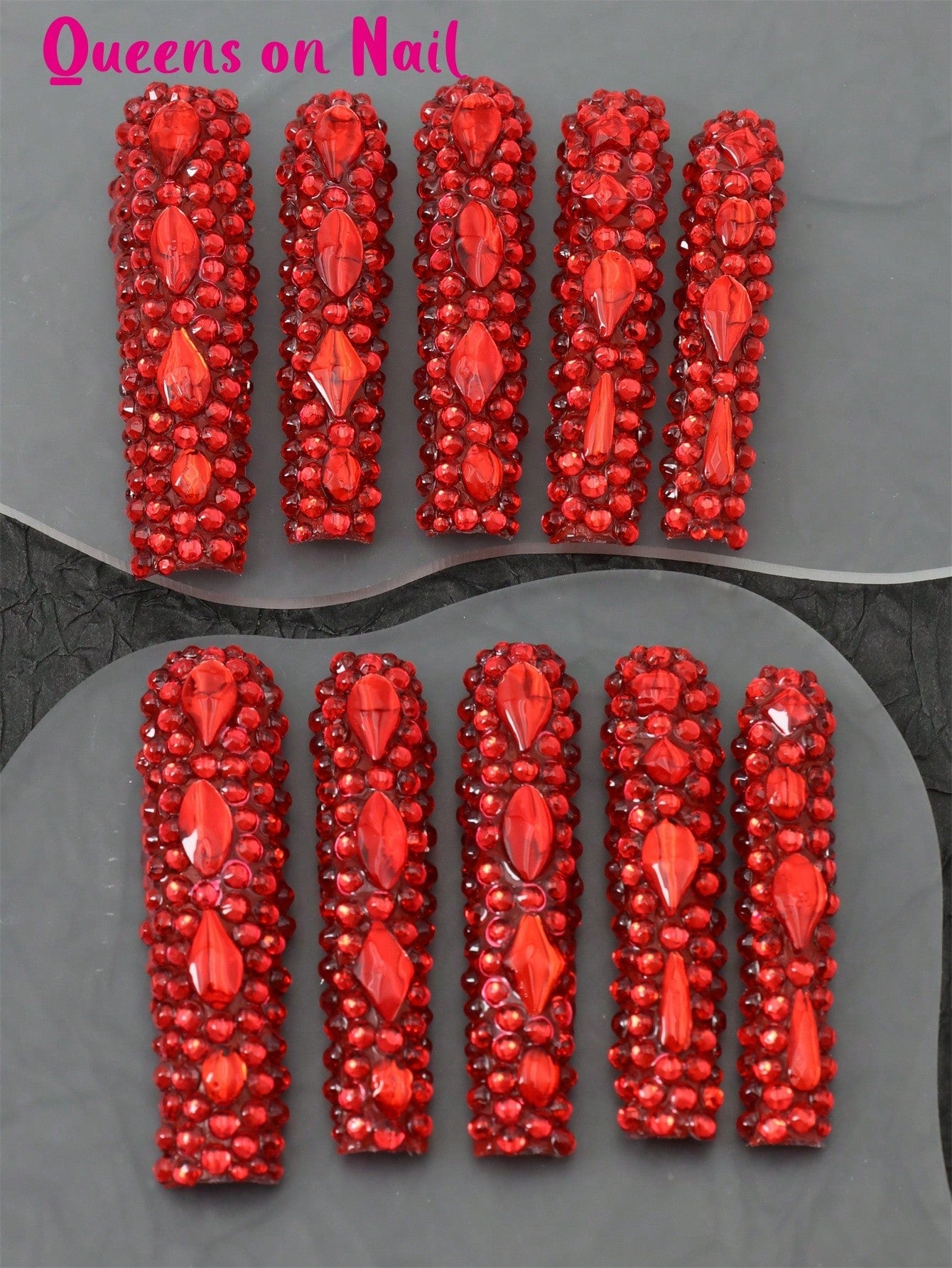 10 Pcs Handmade Press On Nails Red rhinestones Fake Nails