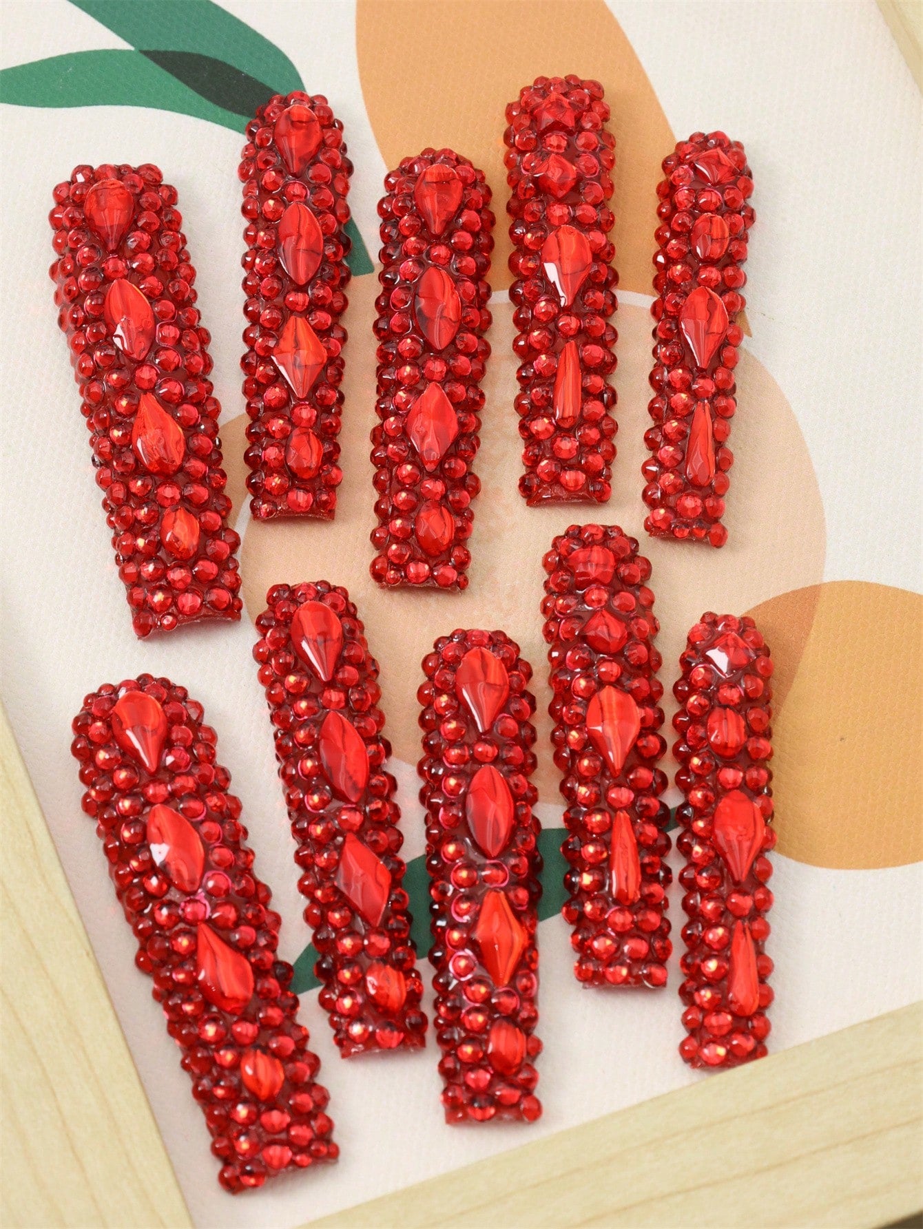 10 Pcs Handmade Press On Nails Red rhinestones Fake Nails